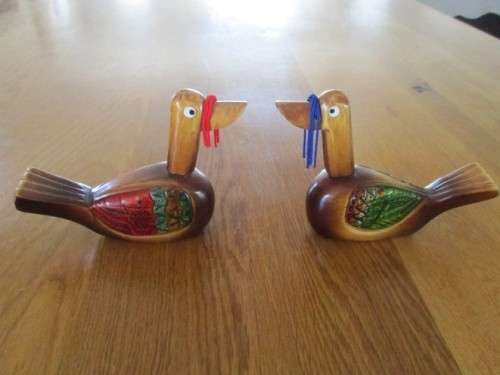 SO SPECIAL - A PAIR OF VINTAGE WOODEN HANDCRAFTED KOREAN MANDARIN WEDDING DUCKS - SIGNED ON BASE