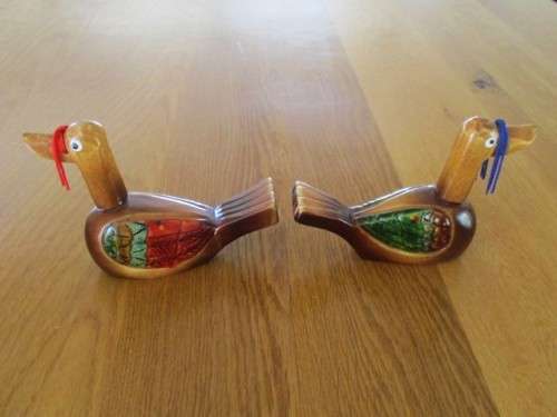SO SPECIAL - A PAIR OF VINTAGE WOODEN HANDCRAFTED KOREAN MANDARIN WEDDING DUCKS - SIGNED ON BASE