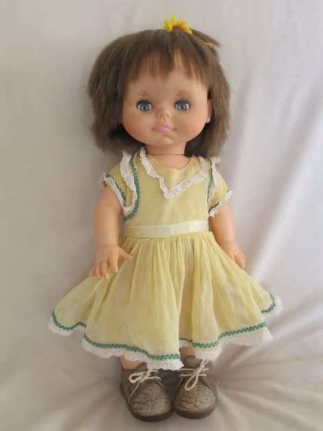 CUTE CHEEKY FACED VINTAGE DOLL IN ORIGINAL DRESS AND REAL LEATHER SHOES