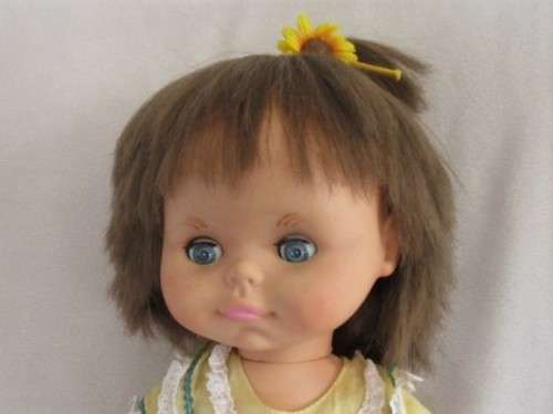 CUTE CHEEKY FACED VINTAGE DOLL IN ORIGINAL DRESS AND REAL LEATHER SHOES
