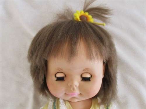 CUTE CHEEKY FACED VINTAGE DOLL IN ORIGINAL DRESS AND REAL LEATHER SHOES