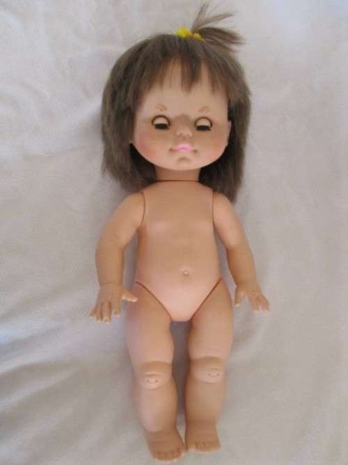 CUTE CHEEKY FACED VINTAGE DOLL IN ORIGINAL DRESS AND REAL LEATHER SHOES