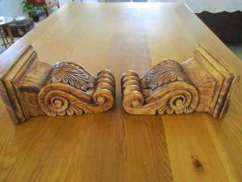 TWO ANTIQUE WALL MOUNTED INTRICATELY CARVED SOLID WOOD PEDESTALS
