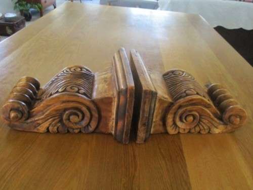 TWO ANTIQUE WALL MOUNTED INTRICATELY CARVED SOLID WOOD PEDESTALS