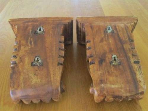 TWO ANTIQUE WALL MOUNTED INTRICATELY CARVED SOLID WOOD PEDESTALS