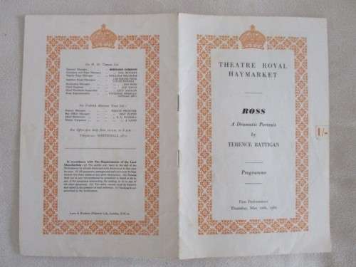 1960 FIRST PERFORMANCE PROGRAMME OF `ROSS` WITH THE INDOMITABLE ALEC GUINNESS