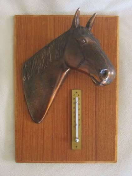 PLAQUE WITH COPPER HORSE`S HEAD AND THERMOMETER - WORKING