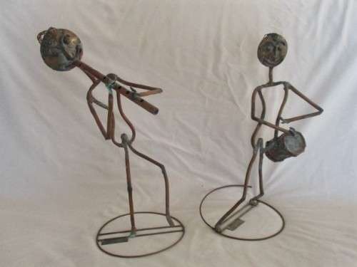 VINTAGE METAL ART SCULPTURE - TWO LARGE COPPER AND BRASS STICK FIGURES - BAND PLAYERS