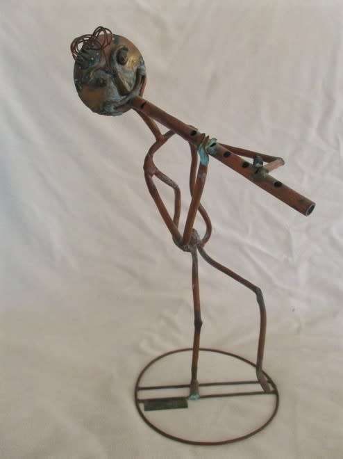 VINTAGE METAL ART SCULPTURE - TWO LARGE COPPER AND BRASS STICK FIGURES - BAND PLAYERS