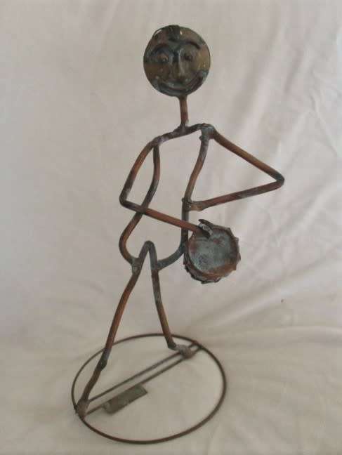 VINTAGE METAL ART SCULPTURE - TWO LARGE COPPER AND BRASS STICK FIGURES - BAND PLAYERS