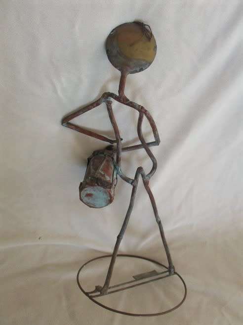 VINTAGE METAL ART SCULPTURE - TWO LARGE COPPER AND BRASS STICK FIGURES - BAND PLAYERS