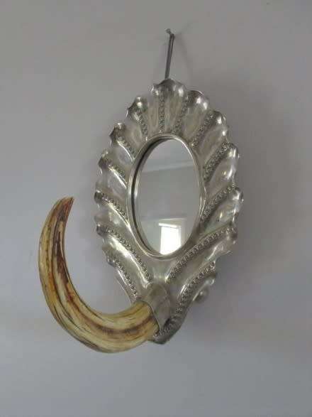 UNIQUE!!  VINTAGE SILVER PLATED MIRROR WITH WARTHOG TUSK HOOK (CAN BE USED AS SERVER/DISPLAY PIECE)