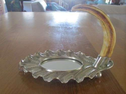 UNIQUE!!  VINTAGE SILVER PLATED MIRROR WITH WARTHOG TUSK HOOK (CAN BE USED AS SERVER/DISPLAY PIECE)