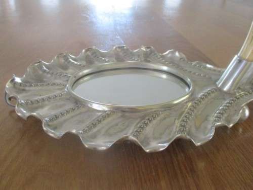 UNIQUE!!  VINTAGE SILVER PLATED MIRROR WITH WARTHOG TUSK HOOK (CAN BE USED AS SERVER/DISPLAY PIECE)