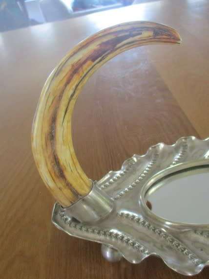 UNIQUE!!  VINTAGE SILVER PLATED MIRROR WITH WARTHOG TUSK HOOK (CAN BE USED AS SERVER/DISPLAY PIECE)