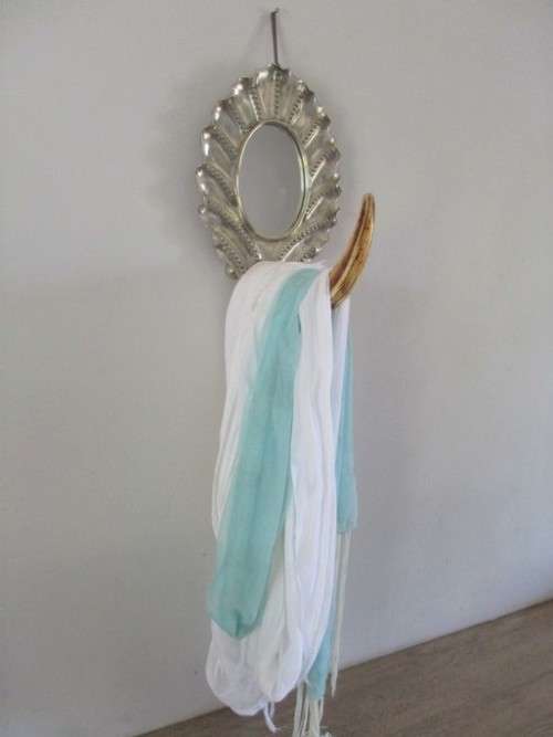 UNIQUE!!  VINTAGE SILVER PLATED MIRROR WITH WARTHOG TUSK HOOK (CAN BE USED AS SERVER/DISPLAY PIECE)
