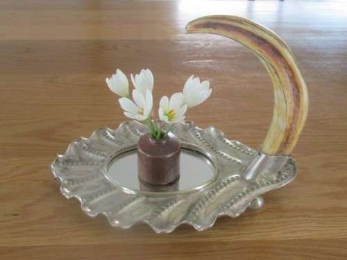 UNIQUE!!  VINTAGE SILVER PLATED MIRROR WITH WARTHOG TUSK HOOK (CAN BE USED AS SERVER/DISPLAY PIECE)