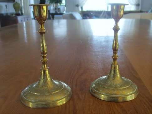 TWO SMALL, BEAUTIFULLY ENGRAVED VINTAGE BRASS CANDLESTICKS