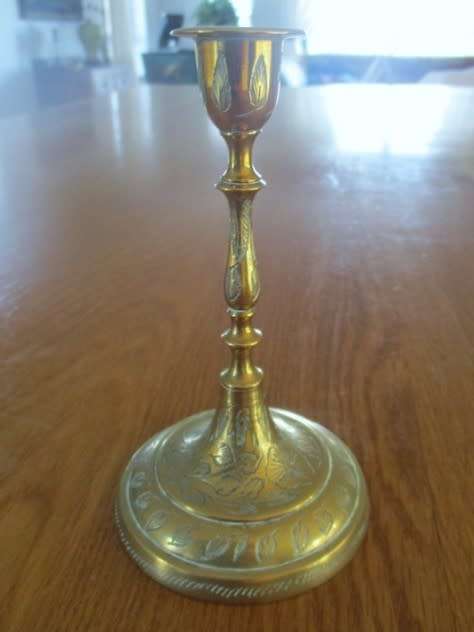 TWO SMALL, BEAUTIFULLY ENGRAVED VINTAGE BRASS CANDLESTICKS