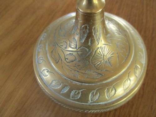 TWO SMALL, BEAUTIFULLY ENGRAVED VINTAGE BRASS CANDLESTICKS