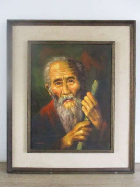BEAUTIFUL VINTAGE ORIGINAL PAINTING OF OLD CHINESE MAN - FRAMED AND SIGNED