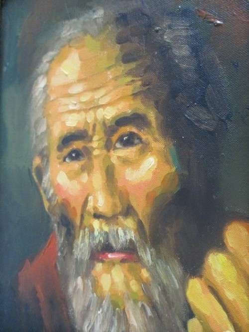 BEAUTIFUL VINTAGE ORIGINAL PAINTING OF OLD CHINESE MAN - FRAMED AND SIGNED