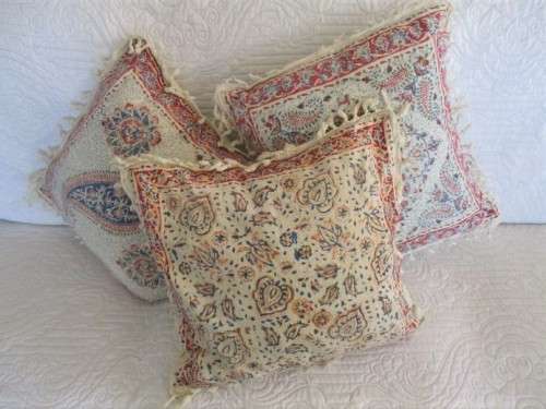 THREE VINTAGE HAND BLOCKED PRINTED (NATURAL DYED) PERSIAN GHALAMKAR CUSHIONS WITH TASSELS
