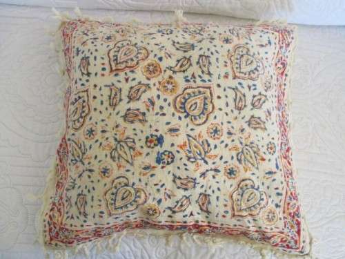 THREE VINTAGE HAND BLOCKED PRINTED (NATURAL DYED) PERSIAN GHALAMKAR CUSHIONS WITH TASSELS