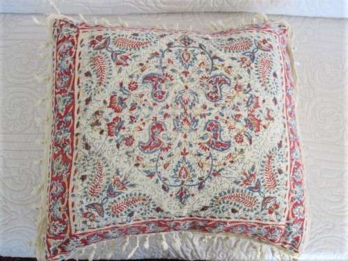 THREE VINTAGE HAND BLOCKED PRINTED (NATURAL DYED) PERSIAN GHALAMKAR CUSHIONS WITH TASSELS