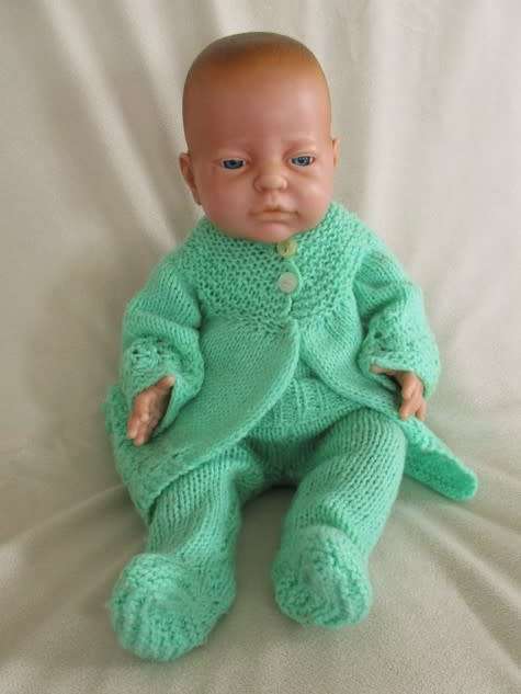 VINTAGE 40CM TALL ANATOMICALLY CORRECT BABY BOY IN HAND KNITTED THREE PIECE OUTFIT