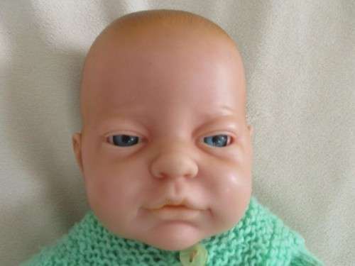 VINTAGE 40CM TALL ANATOMICALLY CORRECT BABY BOY IN HAND KNITTED THREE PIECE OUTFIT