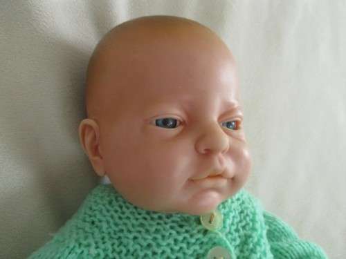 VINTAGE 40CM TALL ANATOMICALLY CORRECT BABY BOY IN HAND KNITTED THREE PIECE OUTFIT