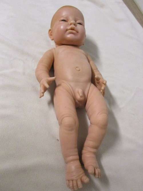 VINTAGE 40CM TALL ANATOMICALLY CORRECT BABY BOY IN HAND KNITTED THREE PIECE OUTFIT