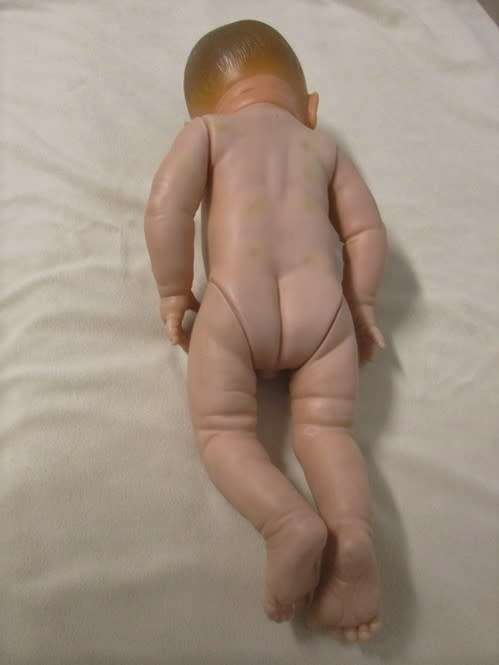 VINTAGE 40CM TALL ANATOMICALLY CORRECT BABY BOY IN HAND KNITTED THREE PIECE OUTFIT