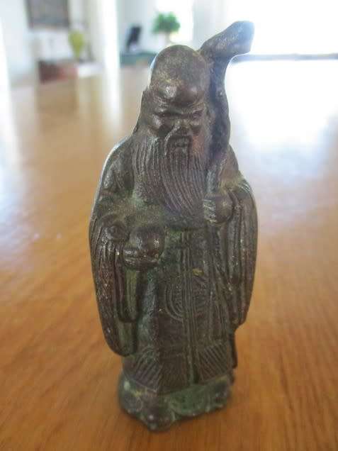 THREE ANTIQUE HEAVY, SOLID BRONZE FIGURES OF CHINESE IMMORTALS ON WOODEN STAND