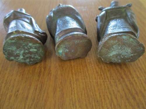 THREE ANTIQUE HEAVY, SOLID BRONZE FIGURES OF CHINESE IMMORTALS ON WOODEN STAND