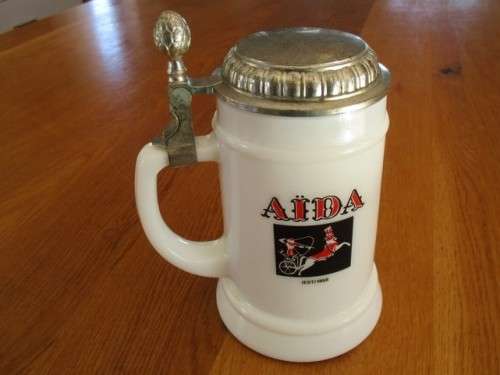 A RARE VINTAGE BMF MILK GLASS BEER STEIN MADE IN WEST GERMANY - DEPICTING OPERA, AIDA