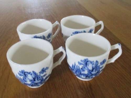 A SET OF FOUR VINTAGE BLUE AND WHITE JOHNSON BROS ESPRESSO CUPS & SAUCERS - THE OLD MILL