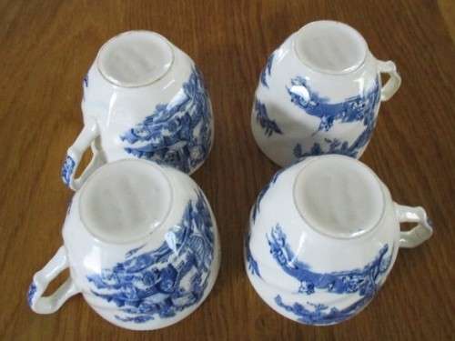 A SET OF FOUR VINTAGE BLUE AND WHITE JOHNSON BROS ESPRESSO CUPS & SAUCERS - THE OLD MILL