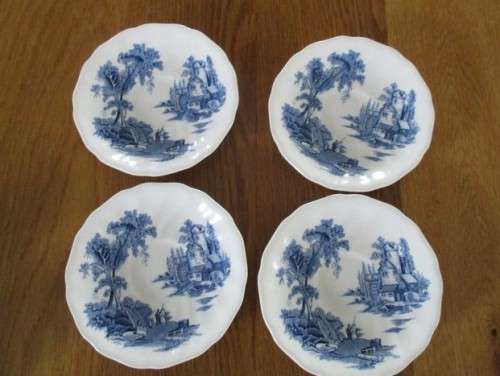 A SET OF FOUR VINTAGE BLUE AND WHITE JOHNSON BROS ESPRESSO CUPS & SAUCERS - THE OLD MILL