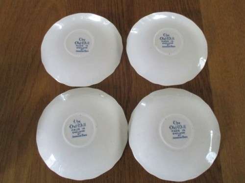 A SET OF FOUR VINTAGE BLUE AND WHITE JOHNSON BROS ESPRESSO CUPS & SAUCERS - THE OLD MILL