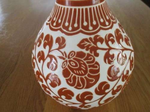 LARGE CORAL RED CHINESE DOUBLE GOURD VASE WITH CHINESE SYMBOLS AND FLORAL DESIGN - SIGNED