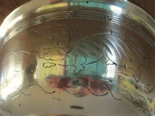 LARGE VINTAGE CHINESE BRASS BOWL WITH MYTHICAL BEAST DESIGN - SIGNED