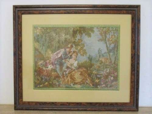VINTAGE LARGE FRENCH MACHINE MADE TAPESTRY WITH ROMANTIC SCENE - EXCELLENT CONDITION, STUNNING FRAME
