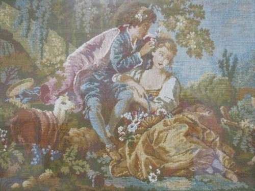 VINTAGE LARGE FRENCH MACHINE MADE TAPESTRY WITH ROMANTIC SCENE - EXCELLENT CONDITION, STUNNING FRAME