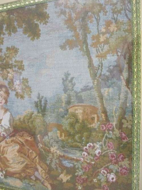 VINTAGE LARGE FRENCH MACHINE MADE TAPESTRY WITH ROMANTIC SCENE - EXCELLENT CONDITION, STUNNING FRAME