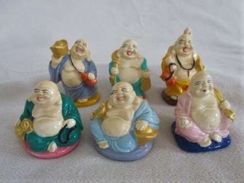A SET OF SIX COLOURFUL AND JOLLY LITTLE BUDDHAS - THREE SITTING AND THREE STANDING