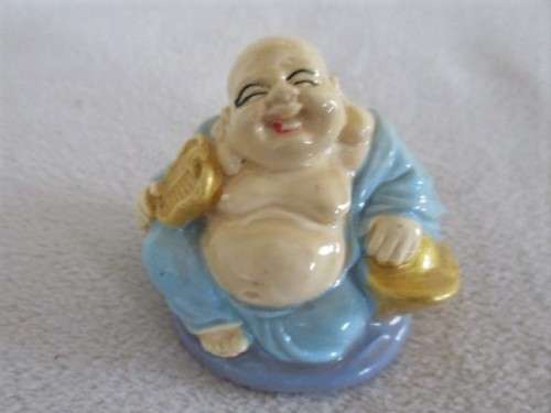 A SET OF SIX COLOURFUL AND JOLLY LITTLE BUDDHAS - THREE SITTING AND THREE STANDING