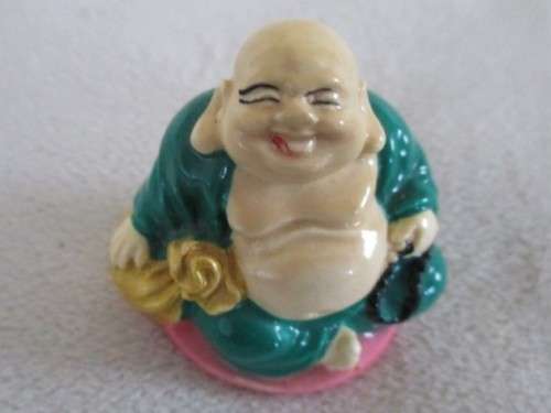 A SET OF SIX COLOURFUL AND JOLLY LITTLE BUDDHAS - THREE SITTING AND THREE STANDING