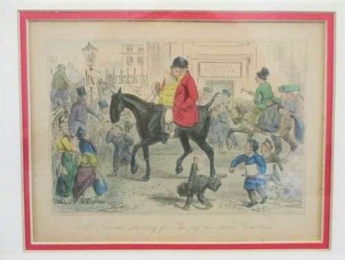 ANTIQUE 1854 HAND COLOURED PRINT - MR JORROCKS `STARTING FOR `THE CUT ME DOWN COUNTRIES``